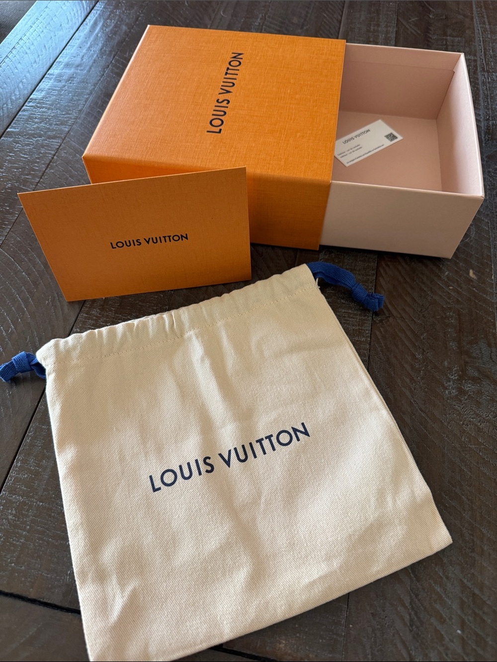 Louis Vuitton Cream Canvas Drawstring Pouch with Orange Box and Navy Logo